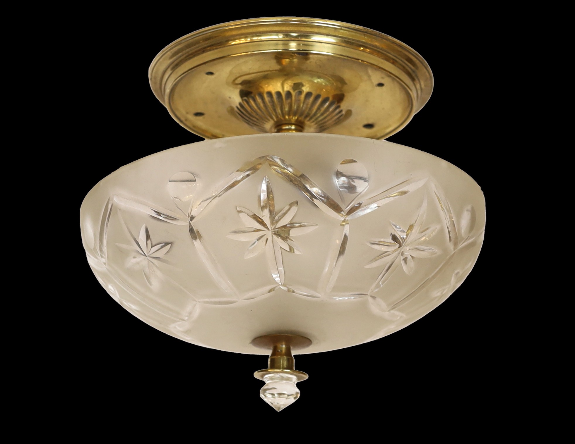 A 1950s French brass cut and etched glass ceiling light, height 27cm. diameter 30cm